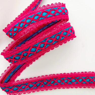 Blue Cotton Fabric Lace Trim with Dark Pink Thread Embroidery, Trim By 3 Yards, Craft Decorative Ribbon